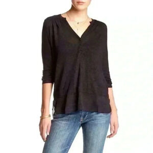 Lucky Brand Mixed Media Linen Blend V-Neck Sheer Hem Henley Blouse Size S